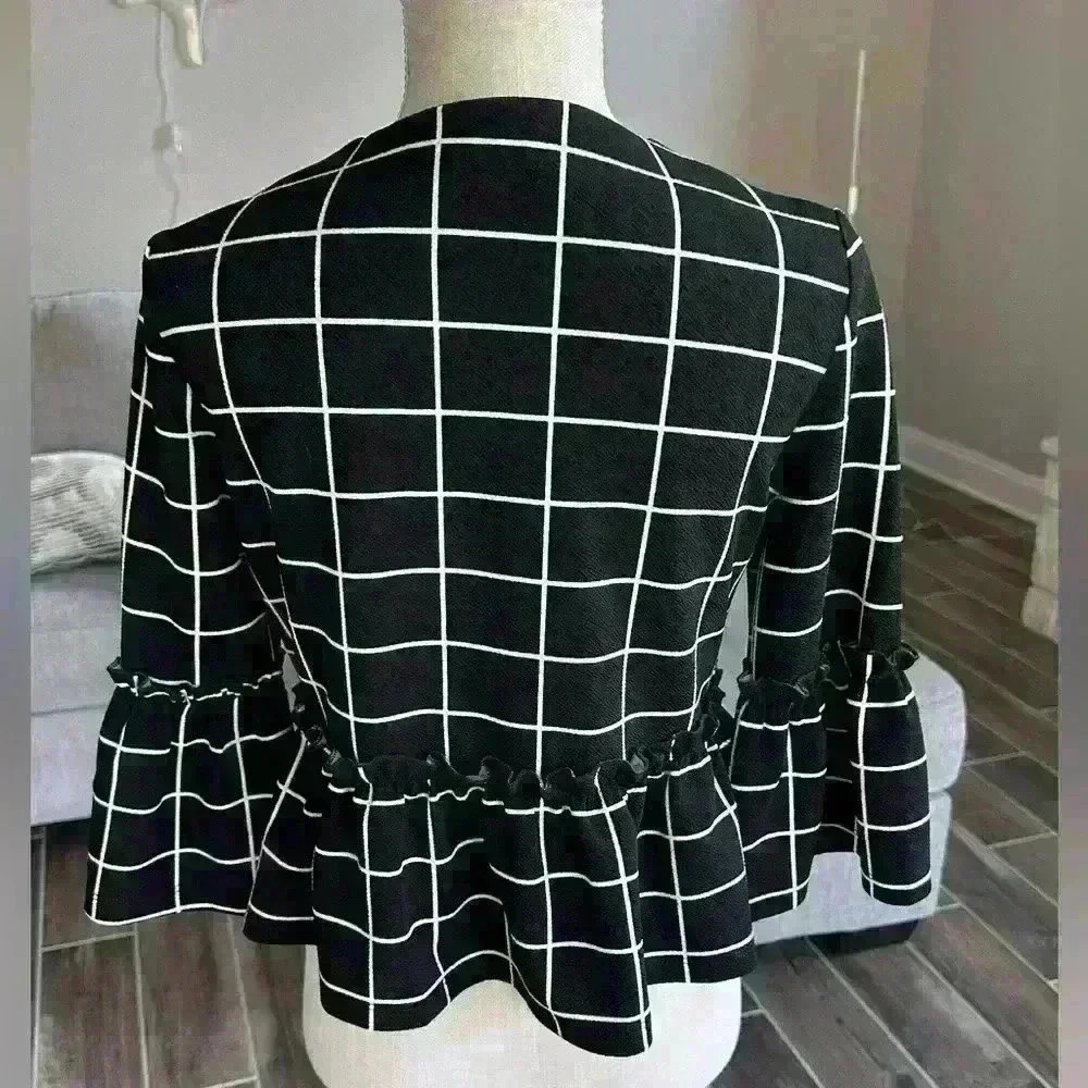 Women's Plaid Open Front  Ruffle Hem Jacket Casual Outerwear Blazer - Picture 3 of 5